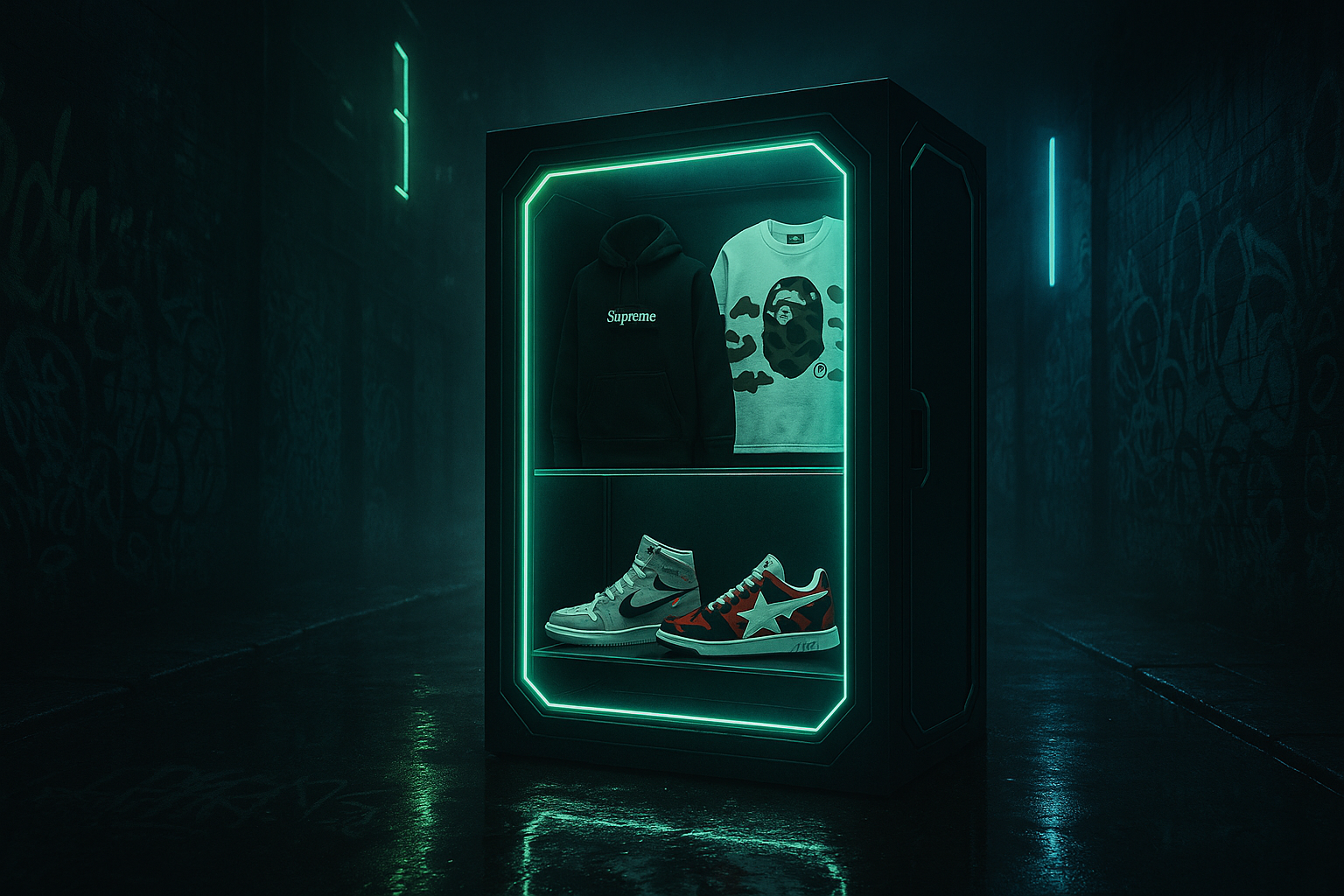 A dark, modern hero banner for a streetwear resell marketplace. 
Futuristic urban background with neon lights, graffiti textures, 
and a glowing vault full of rare sneakers and hype streetwear (Supreme, Bape, Off-White inspired). 
Minimal black and neon green/blue color palette, glossy reflections, cinematic lighting, 
clean space on the sides for text and buttons. 
High-resolution, ultra-detailed, wide aspect ratio (16:9), professional ecommerce hero style.
